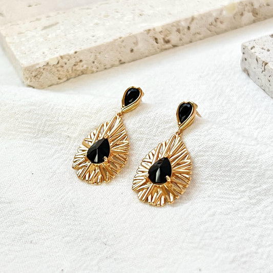 18K Vintage Gold Black CZ Sunburst Dangling Earrings,Dainty Teardrop Sun Dangle Earrings,Minimalist Everyday Jewelry,Birthday Gifts For Her