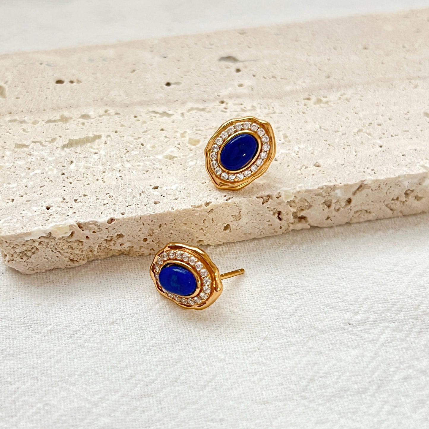18K Vintage Gold Lapis Lazuli Tiny CZ Stud Earrings,Minimalist Oval Blue Gemstone Earrings Studs,Elegant Daily Jewelry,Birthday Gift For Her
