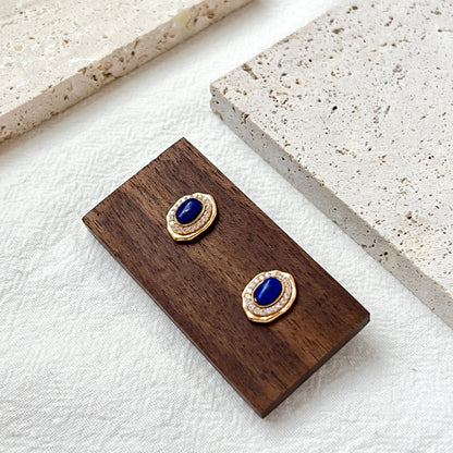 18K Vintage Gold Lapis Lazuli Tiny CZ Stud Earrings,Minimalist Oval Blue Gemstone Earrings Studs,Elegant Daily Jewelry,Birthday Gift For Her