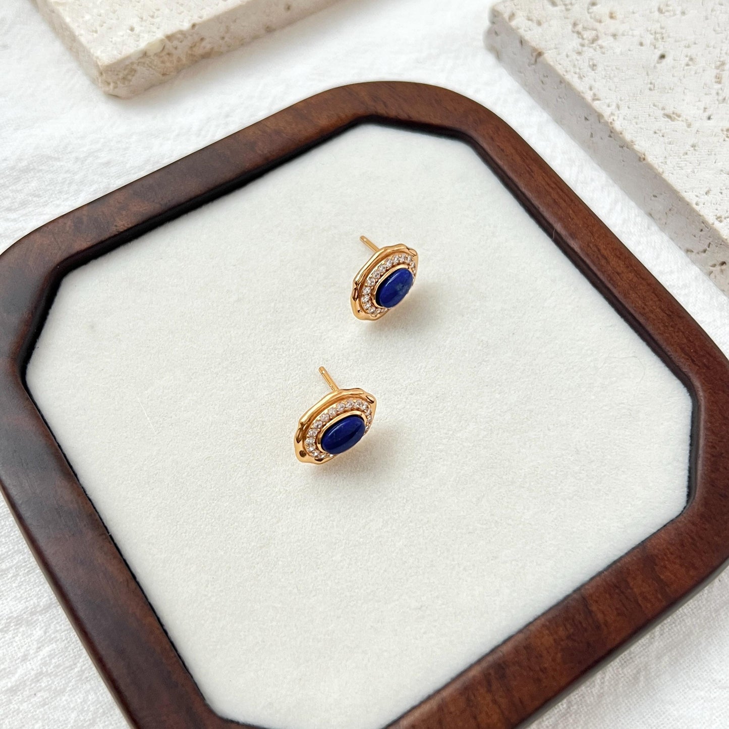 18K Vintage Gold Lapis Lazuli Tiny CZ Stud Earrings,Minimalist Oval Blue Gemstone Earrings Studs,Elegant Daily Jewelry,Birthday Gift For Her