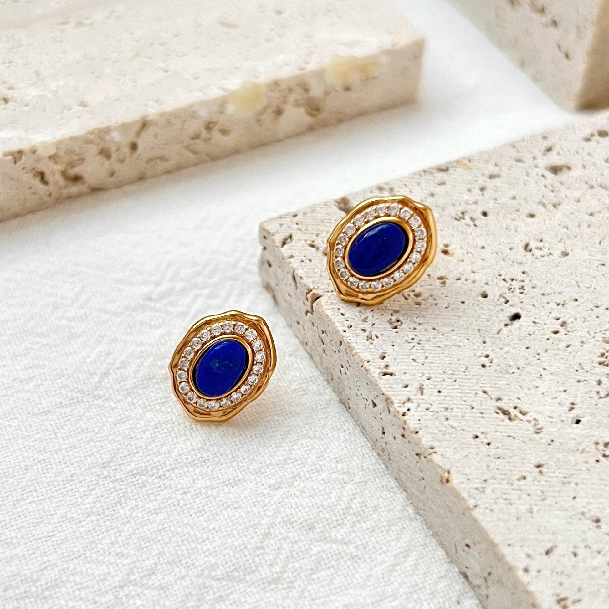 18K Vintage Gold Lapis Lazuli Tiny CZ Stud Earrings,Minimalist Oval Blue Gemstone Earrings Studs,Elegant Daily Jewelry,Birthday Gift For Her