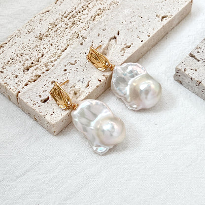 18K Gold Large Baroque Pearl Drop Earrings,Chunky High Luster Pearl Dangling Statement Earrings,Wedding Bridal Jewelry,Birthday Gift For Her