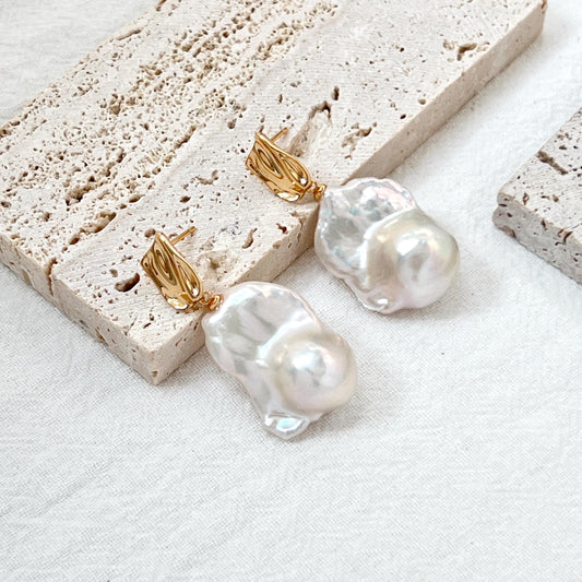 18K Gold Large Baroque Pearl Drop Earrings,Chunky High Luster Pearl Dangling Statement Earrings,Wedding Bridal Jewelry,Birthday Gift For Her