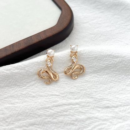 18K Vintage Gold Snake Pearl Dangling Earrings,Dainty Diamond Snake Drop Earrings,Everyday Gothic Jewelry,Serpent Earrings,Birthday Gifts