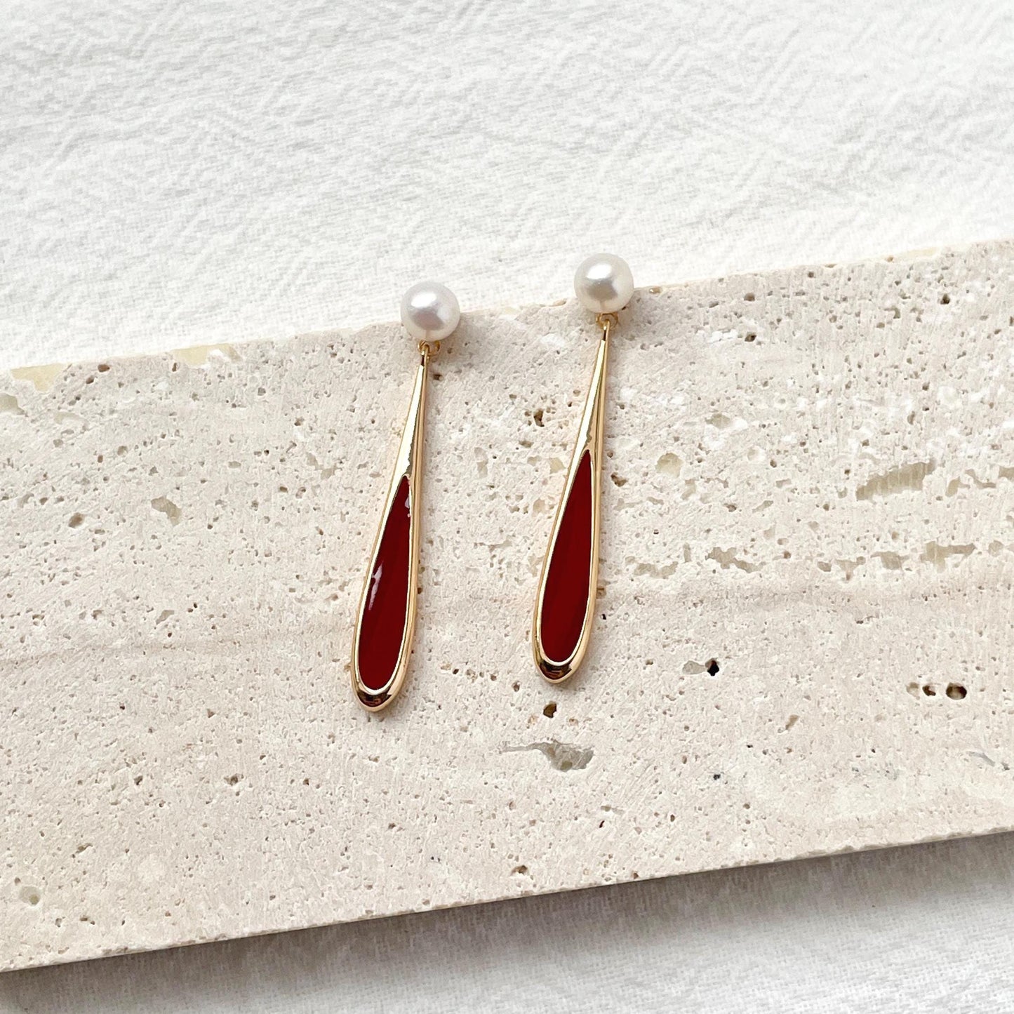 18K Gold Real Pearl Long Dangle Earrings,Dainty Red Enamel Drop Earrings,Minimalist New Year Earrings,Christmas Gift,Birthday Gift For Her