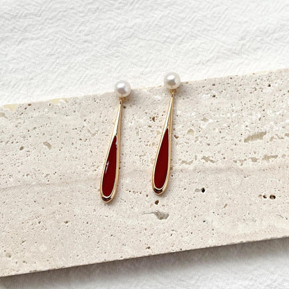 18K Gold Real Pearl Long Dangle Earrings,Dainty Red Enamel Drop Earrings,Minimalist New Year Earrings,Christmas Gift,Birthday Gift For Her