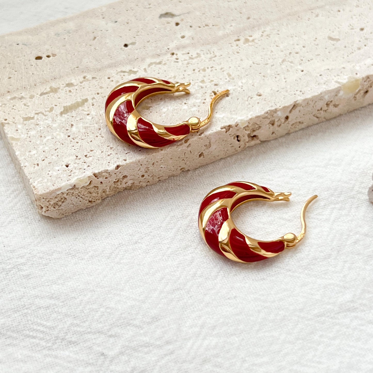 18K Gold Dainty Red Enamel Earrings Hoop,Minimalist Huggie Hoops,Daily Basic Everyday Tiny Earrings,Birthday Christmas New Year Gift For Her