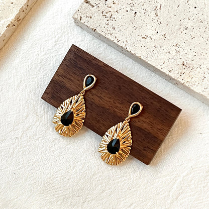 18K Vintage Gold Black CZ Sunburst Dangling Earrings,Dainty Teardrop Sun Dangle Earrings,Minimalist Everyday Jewelry,Birthday Gifts For Her