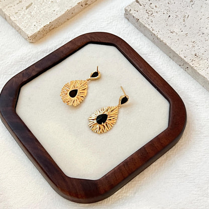 18K Vintage Gold Black CZ Sunburst Dangling Earrings,Dainty Teardrop Sun Dangle Earrings,Minimalist Everyday Jewelry,Birthday Gifts For Her