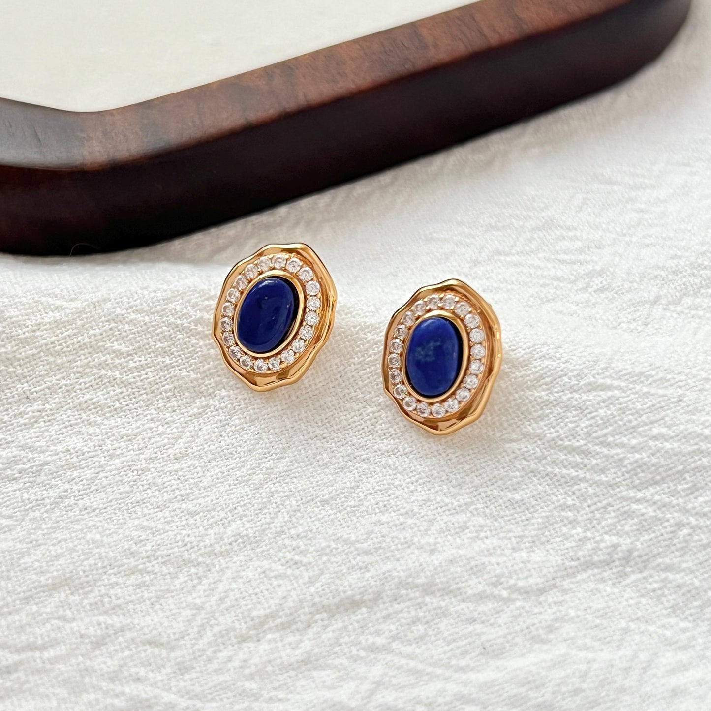 18K Vintage Gold Lapis Lazuli Tiny CZ Stud Earrings,Minimalist Oval Blue Gemstone Earrings Studs,Elegant Daily Jewelry,Birthday Gift For Her