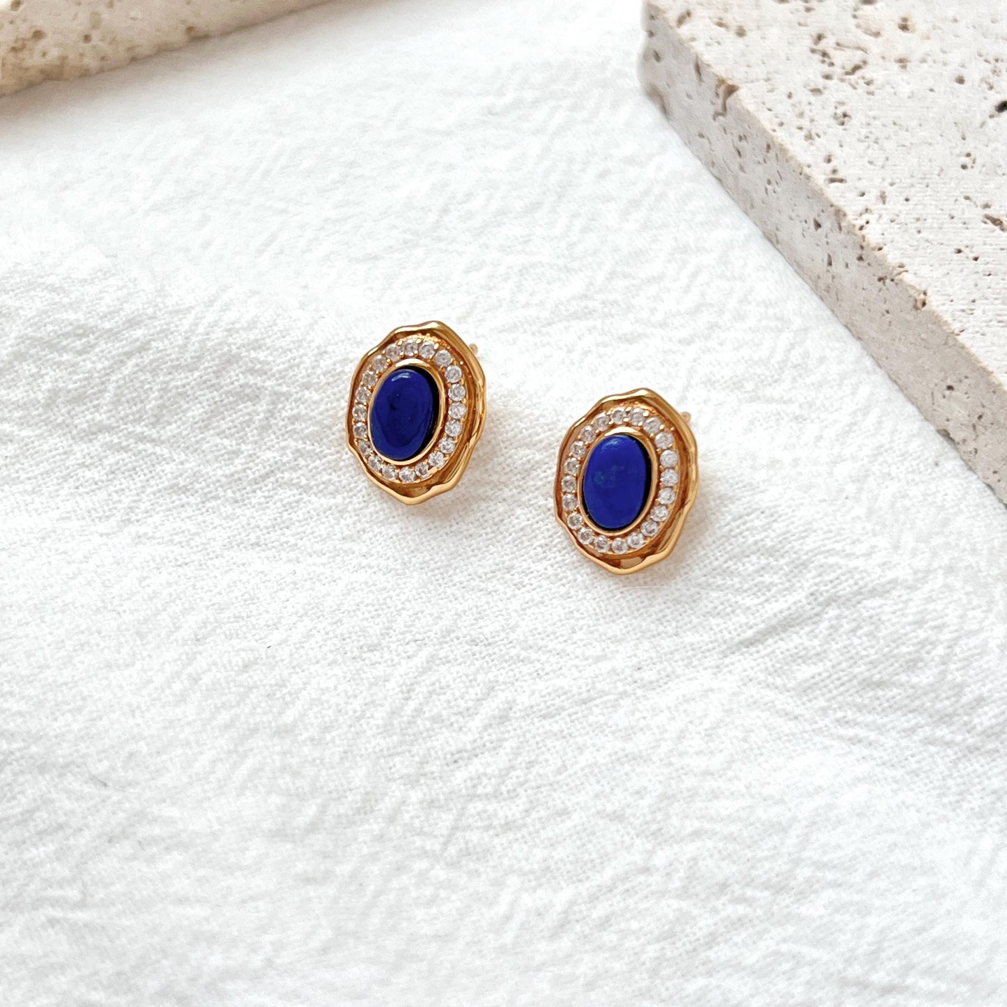 18K Vintage Gold Lapis Lazuli Tiny CZ Stud Earrings,Minimalist Oval Blue Gemstone Earrings Studs,Elegant Daily Jewelry,Birthday Gift For Her