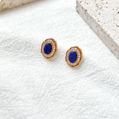 18K Vintage Gold Lapis Lazuli Tiny CZ Stud Earrings,Minimalist Oval Blue Gemstone Earrings Studs,Elegant Daily Jewelry,Birthday Gift For Her