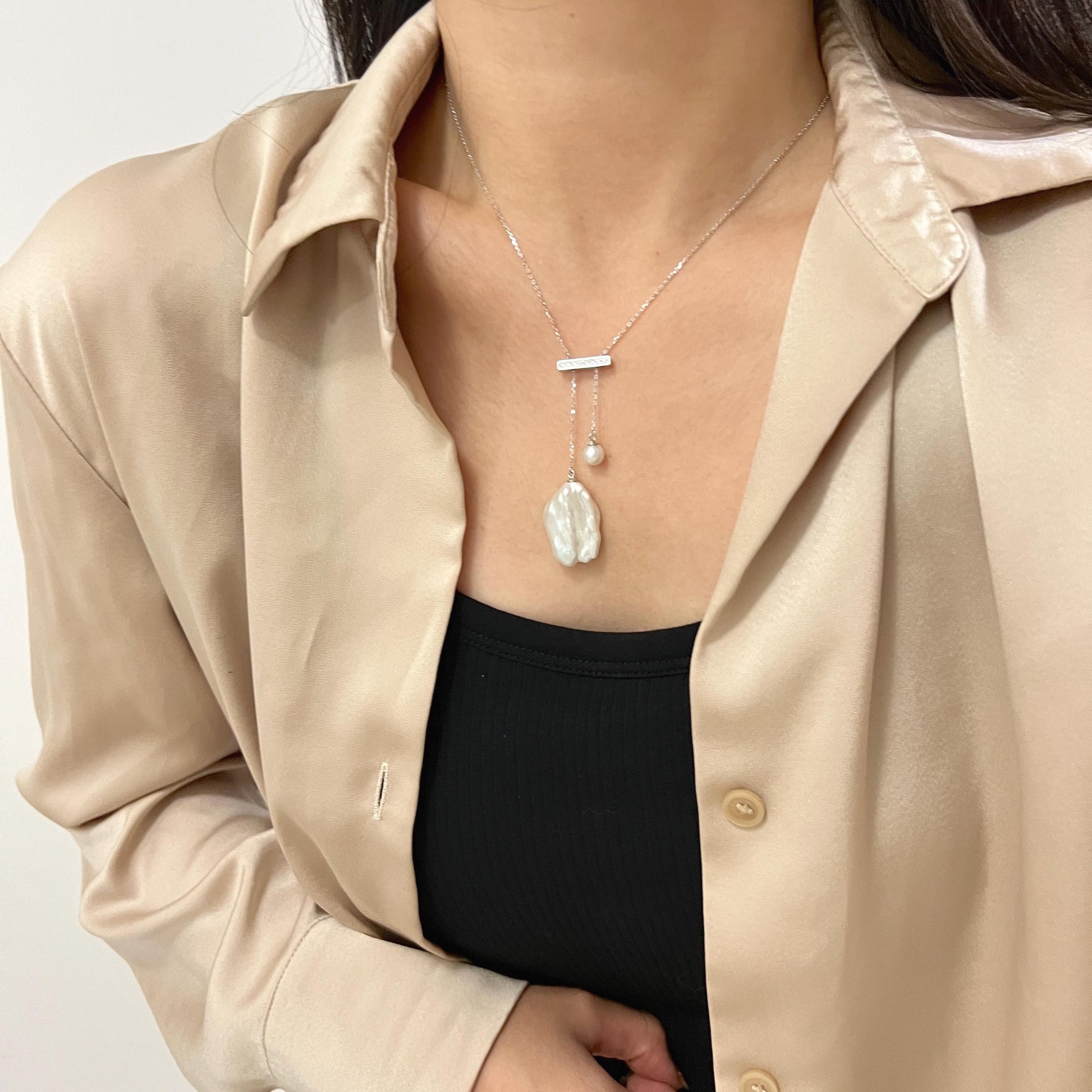 Silver Crystal Freshwater Baroque Pearl Necklace,Minimalist Double Pendant Necklace,Two Charm Balance Necklace,Wedding Jewelry,Birthday Gift