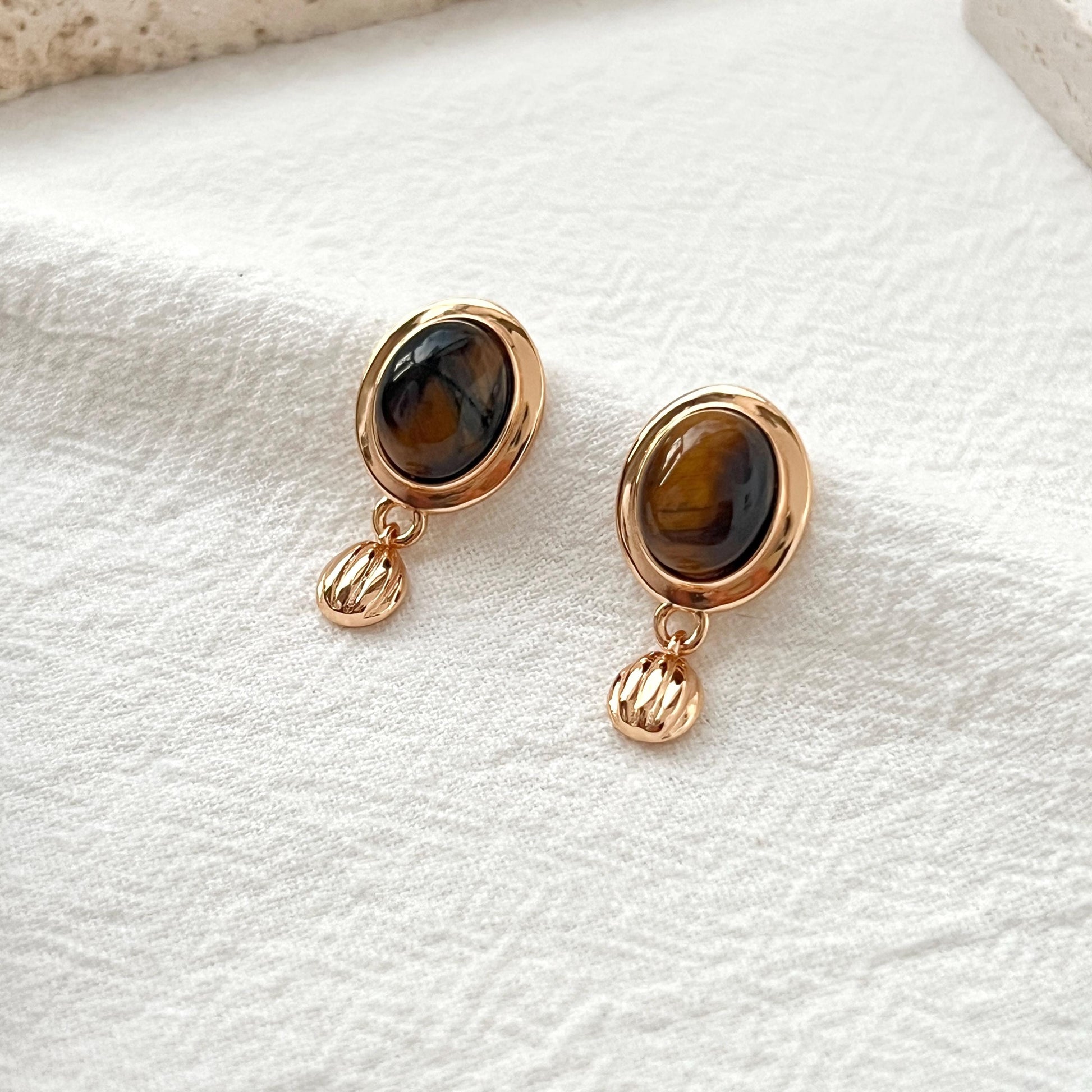 18K Vintage Gold Tiger’s Eye Dangling Earrings,Dainty Brown Stone Drop Dangle Earrings,Minimalist Everyday Jewelry,Birthday Gifts For Her