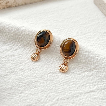 18K Vintage Gold Tiger’s Eye Dangling Earrings,Dainty Brown Stone Drop Dangle Earrings,Minimalist Everyday Jewelry,Birthday Gifts For Her