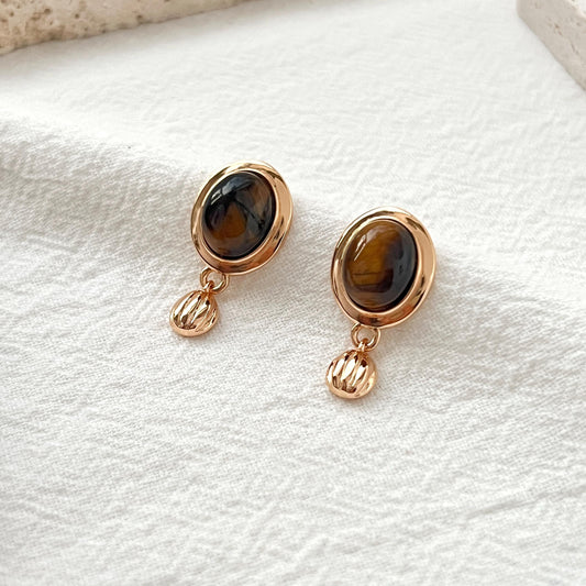18K Vintage Gold Tiger’s Eye Dangling Earrings,Dainty Brown Stone Drop Dangle Earrings,Minimalist Everyday Jewelry,Birthday Gifts For Her