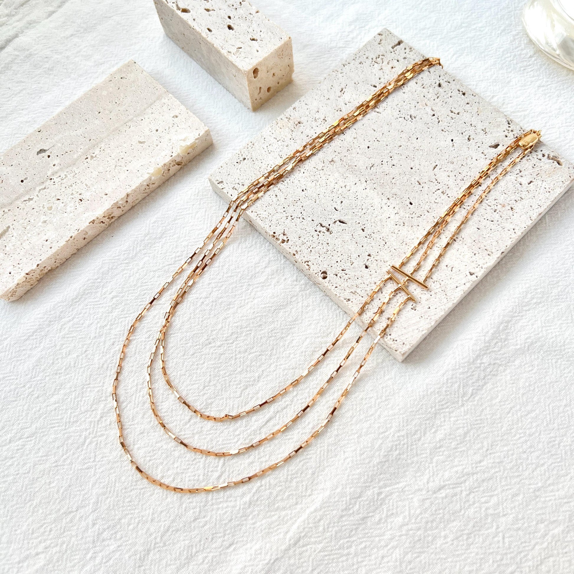 18K Vintage Gold Three Layered Necklace,Minimalist Dainty Satellite Paperclip Layering Chain,Daily Jewelry,Christmas Birthday Gift for Her