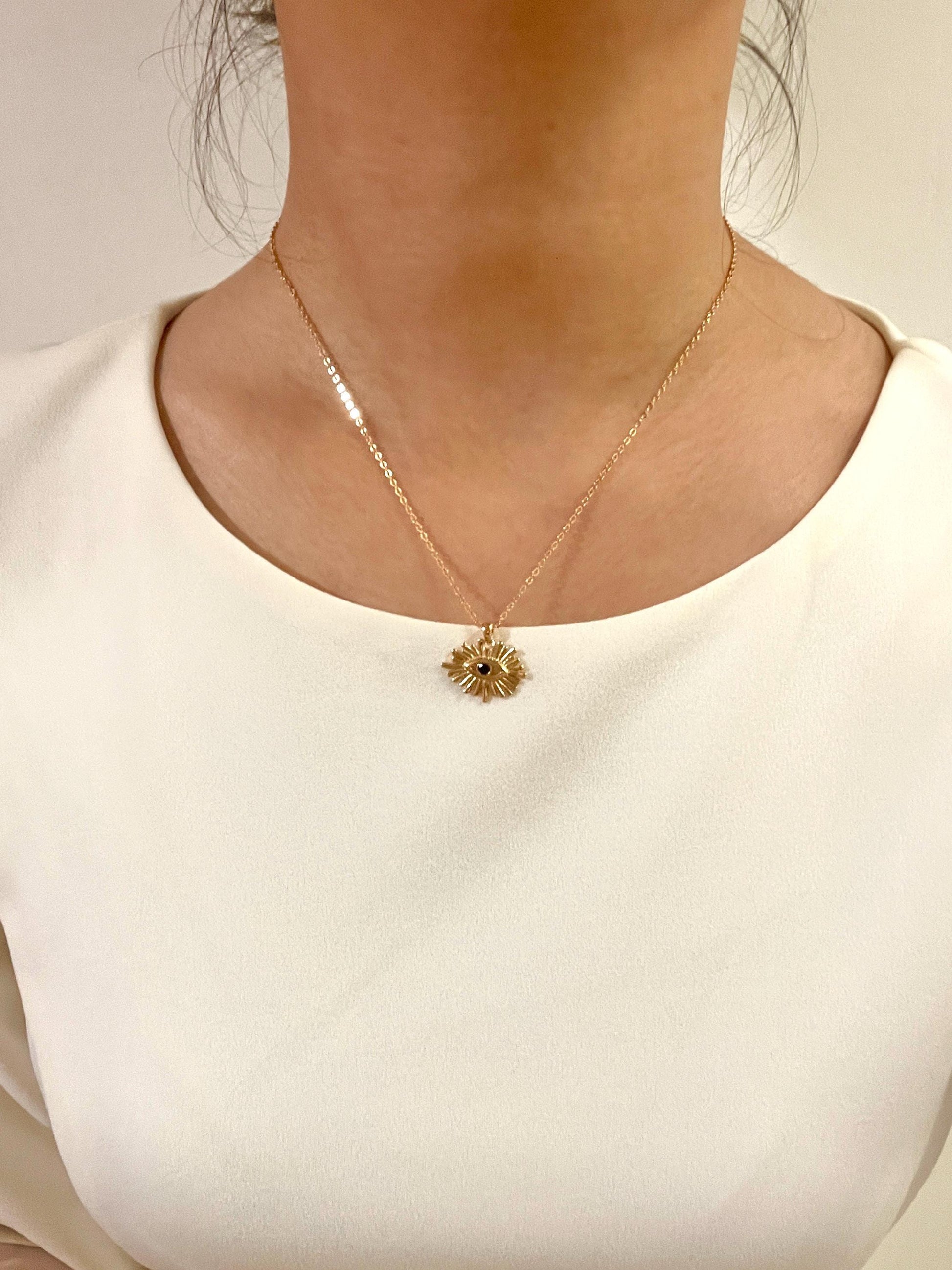 18K Gold Black CZ Evil Eye Necklace,Dainty Trendy Protection Amulet Necklace,Minimalist Everyday Good Luck Jewelry,Birthday Gifts For Her