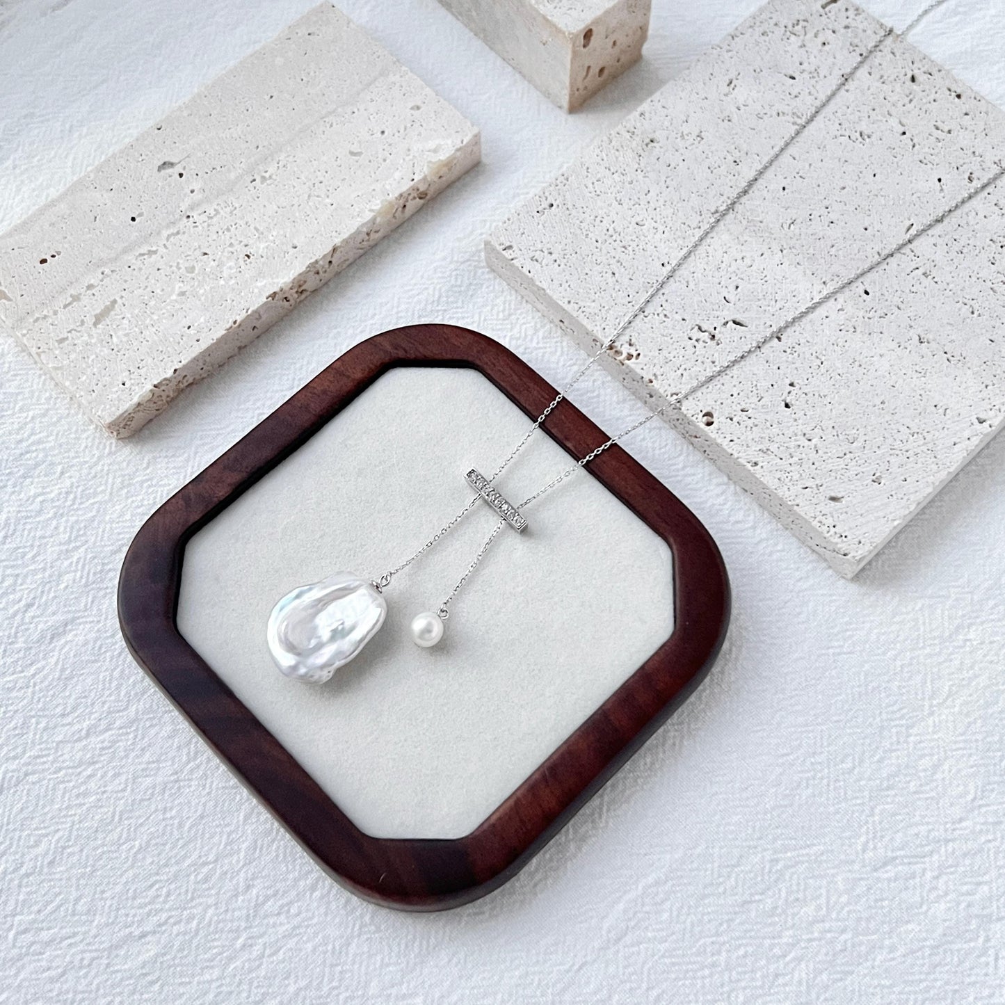 Silver Crystal Freshwater Baroque Pearl Necklace,Minimalist Double Pendant Necklace,Two Charm Balance Necklace,Wedding Jewelry,Birthday Gift