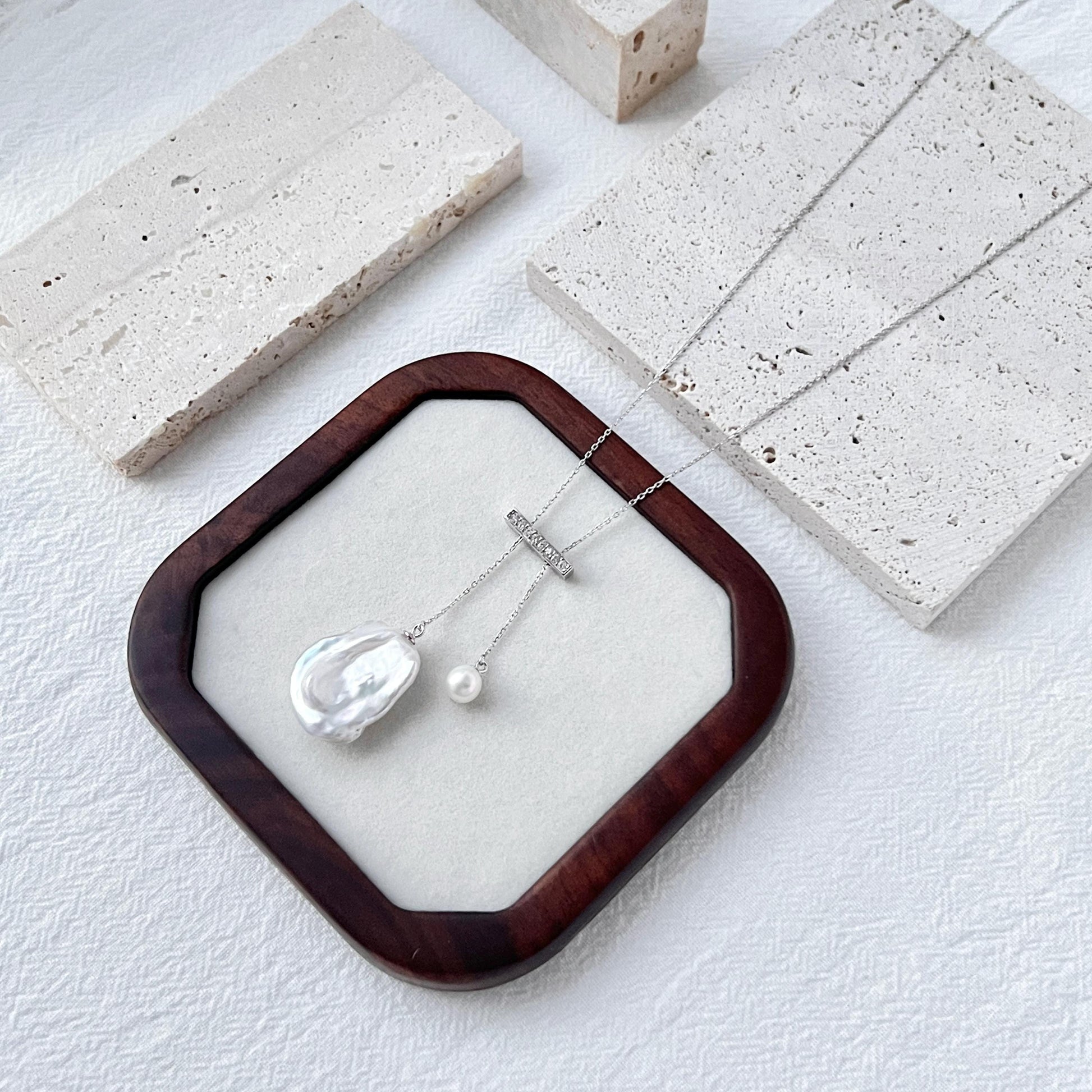 Silver Crystal Freshwater Baroque Pearl Necklace,Minimalist Double Pendant Necklace,Two Charm Balance Necklace,Wedding Jewelry,Birthday Gift