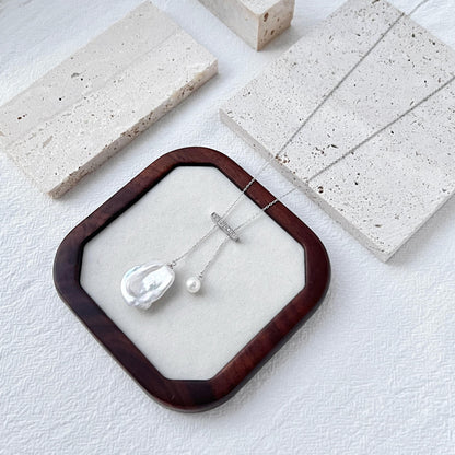 Silver Crystal Freshwater Baroque Pearl Necklace,Minimalist Double Pendant Necklace,Two Charm Balance Necklace,Wedding Jewelry,Birthday Gift