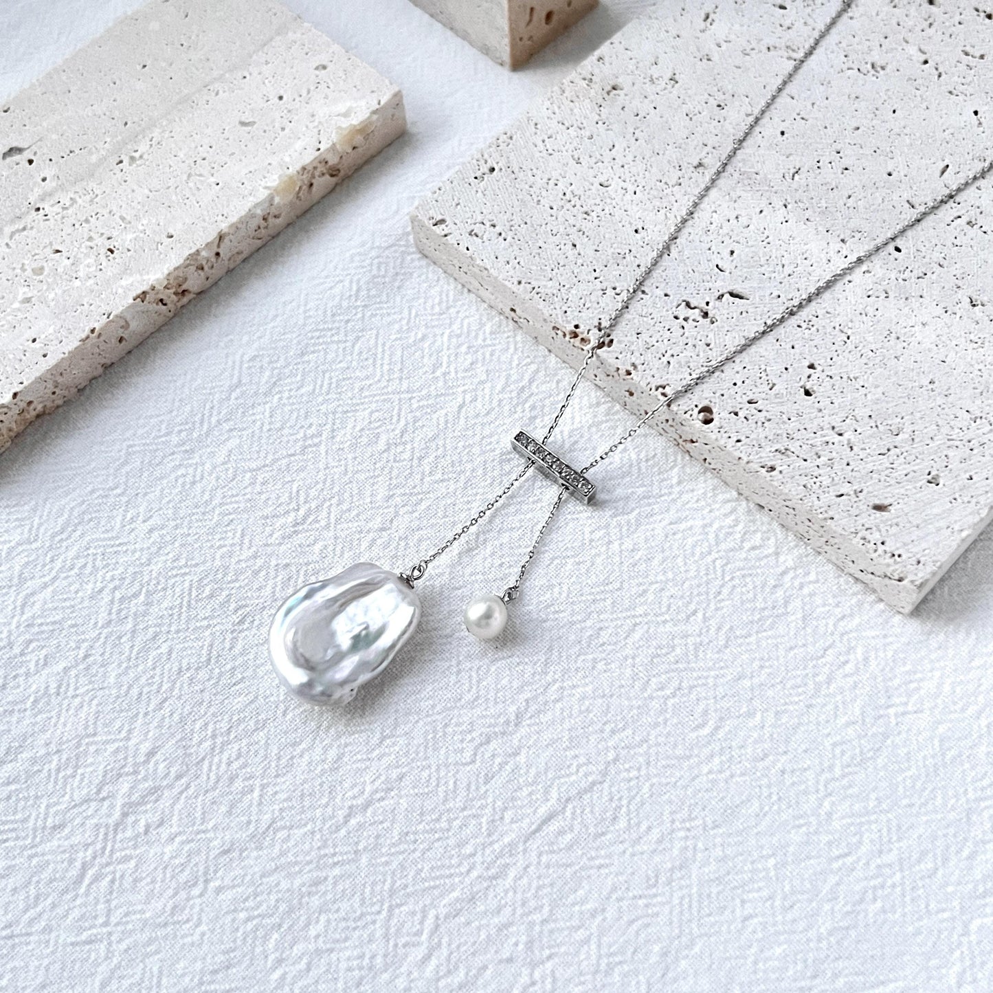 Silver Crystal Freshwater Baroque Pearl Necklace,Minimalist Double Pendant Necklace,Two Charm Balance Necklace,Wedding Jewelry,Birthday Gift