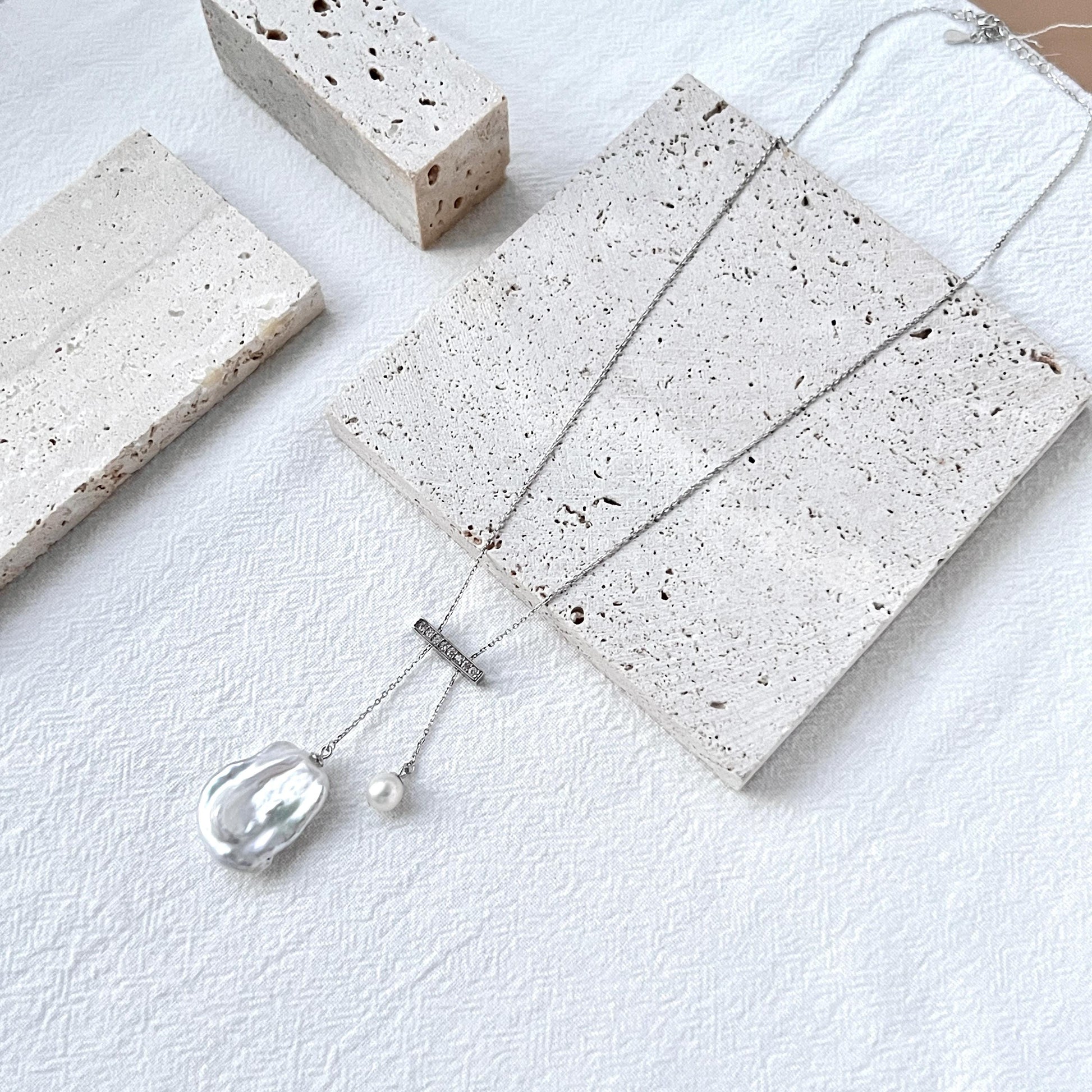Silver Crystal Freshwater Baroque Pearl Necklace,Minimalist Double Pendant Necklace,Two Charm Balance Necklace,Wedding Jewelry,Birthday Gift