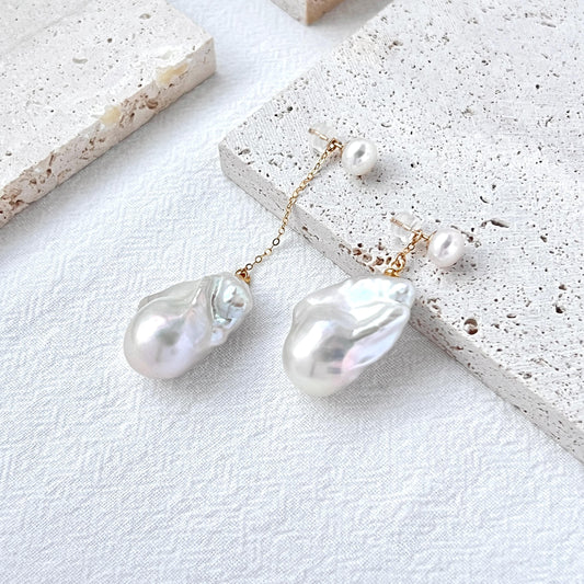 Large Freshwater Baroque Pearl Mismatched Drop Earrings,Minimalist Dangling Statement Earrings,Wedding Bridal Jewelry,Birthday Gift For Her
