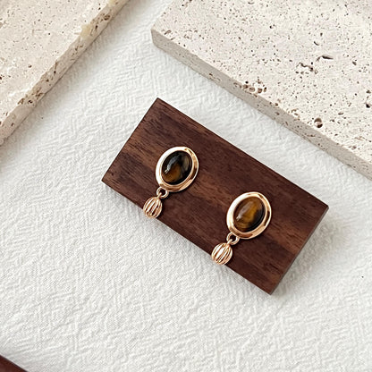 18K Vintage Gold Tiger’s Eye Dangling Earrings,Dainty Brown Stone Drop Dangle Earrings,Minimalist Everyday Jewelry,Birthday Gifts For Her