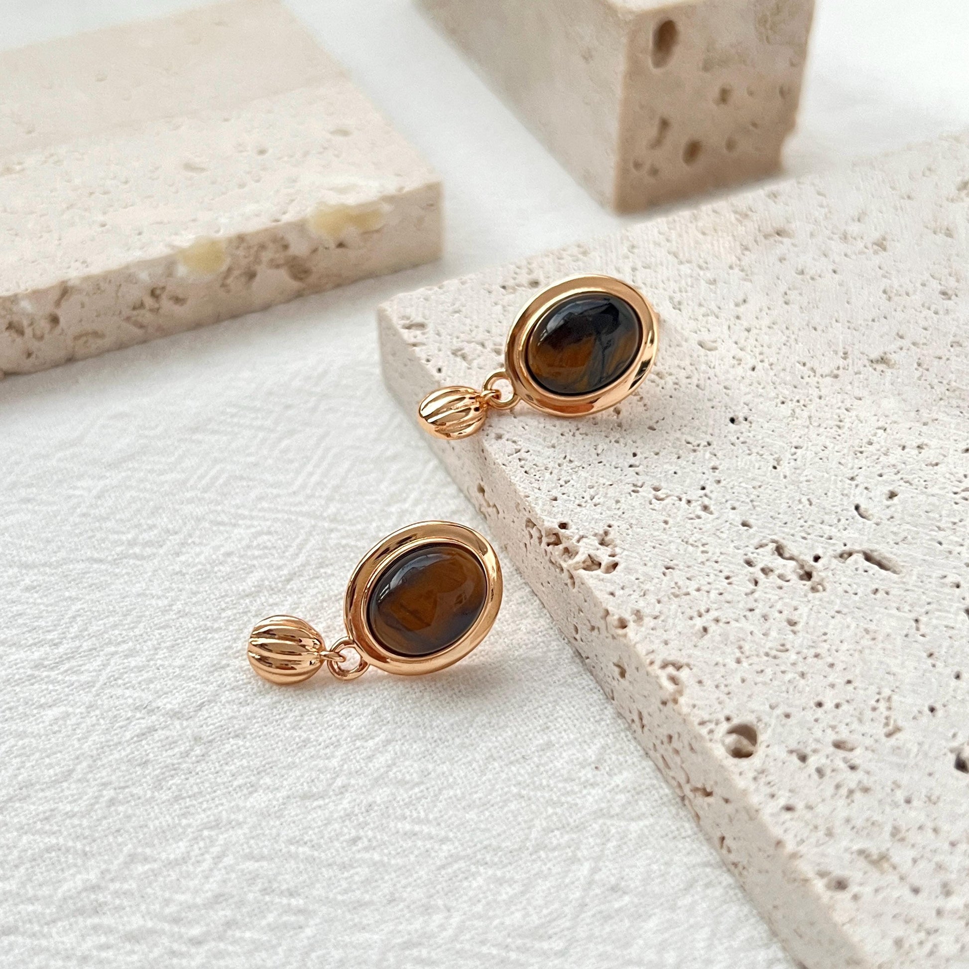 18K Vintage Gold Tiger’s Eye Dangling Earrings,Dainty Brown Stone Drop Dangle Earrings,Minimalist Everyday Jewelry,Birthday Gifts For Her