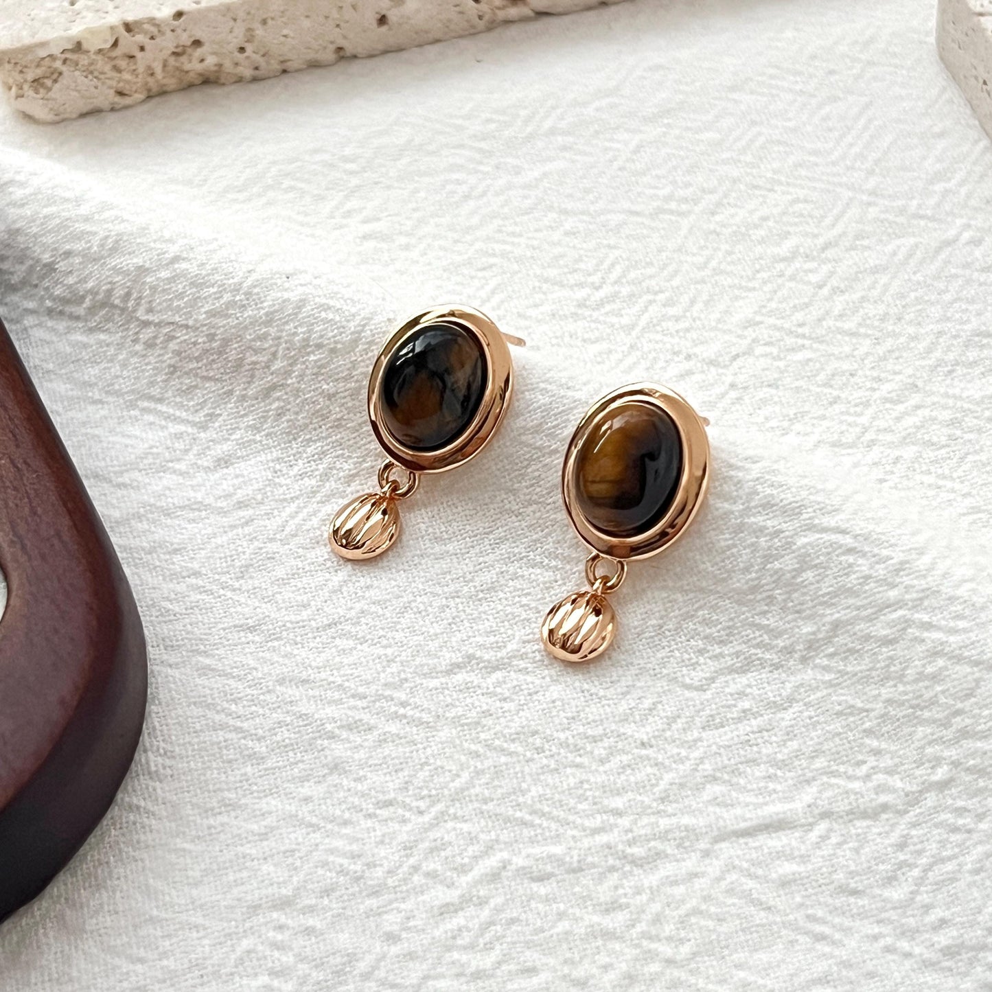 18K Vintage Gold Tiger’s Eye Dangling Earrings,Dainty Brown Stone Drop Dangle Earrings,Minimalist Everyday Jewelry,Birthday Gifts For Her