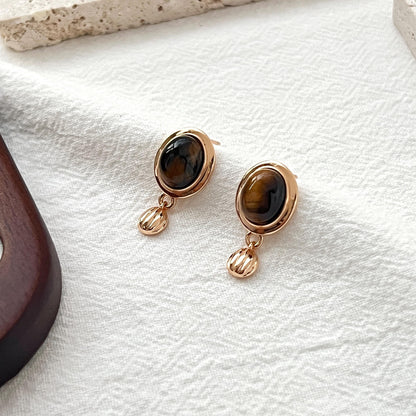 18K Vintage Gold Tiger’s Eye Dangling Earrings,Dainty Brown Stone Drop Dangle Earrings,Minimalist Everyday Jewelry,Birthday Gifts For Her