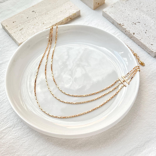 18K Vintage Gold Three Layered Necklace,Minimalist Dainty Satellite Paperclip Layering Chain,Daily Jewelry,Christmas Birthday Gift for Her