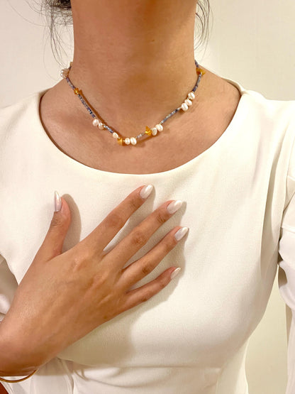 Colorful Dainty Baroque Pearl Lapis Lazuli Beeswax Beaded Choker Necklace,Minimalist Everyday Gemstone Necklace,Wedding Gifts,Birthday Gifts