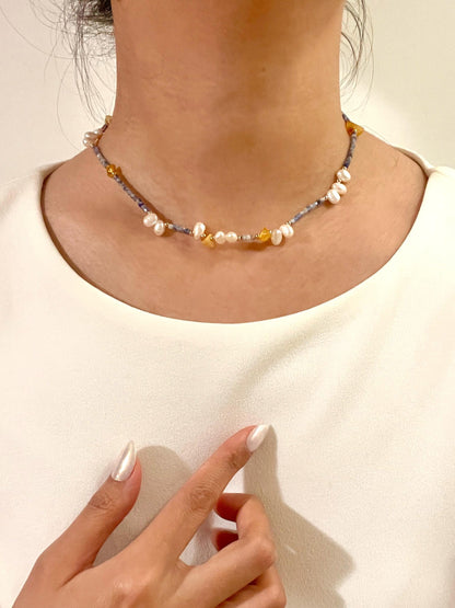 Colorful Dainty Baroque Pearl Lapis Lazuli Beeswax Beaded Choker Necklace,Minimalist Everyday Gemstone Necklace,Wedding Gifts,Birthday Gifts