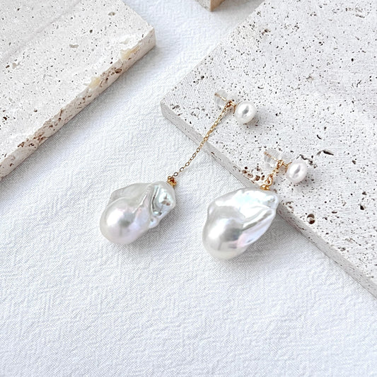 Large Freshwater Baroque Pearl Mismatched Drop Earrings,Minimalist Dangling Statement Earrings,Wedding Bridal Jewelry,Birthday Gift For Her