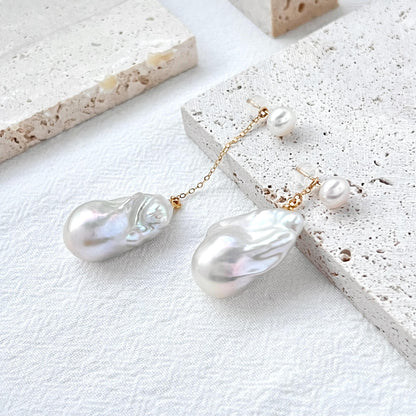Large Freshwater Baroque Pearl Mismatched Drop Earrings,Minimalist Dangling Statement Earrings,Wedding Bridal Jewelry,Birthday Gift For Her