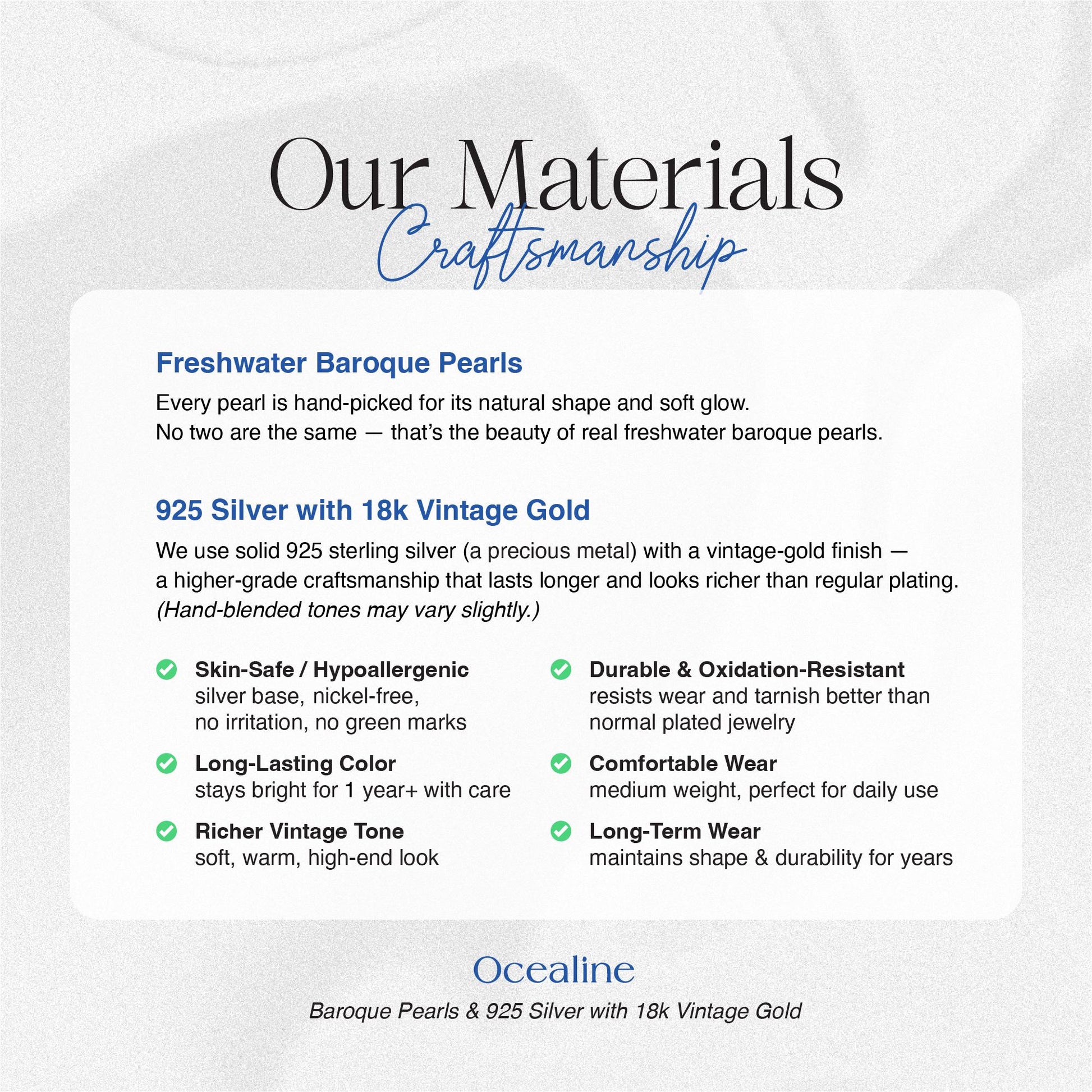 Product description card for Ocealine freshwater baroque pearls and silver jewelry with gold finish.