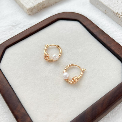 18K Gold Pearl Hoop Earrings,Small Huggie Earrings With Knot Detail,Minimalist Pearl Hoops,Dainty Chic Everyday Earrings Hoop,Gift for Her