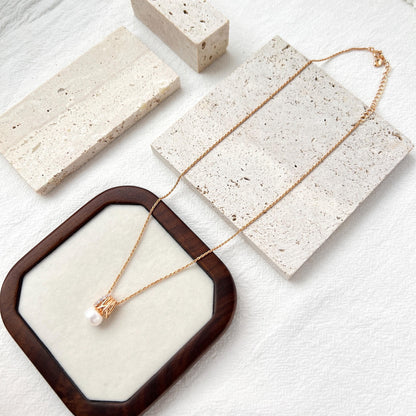 18K Gold Cage Tiny Single Pearl Necklace,Artistic Dainty Pearl Pendant Necklace,Minimalist Elegant Necklace,Everyday Jewelry Gift For Her