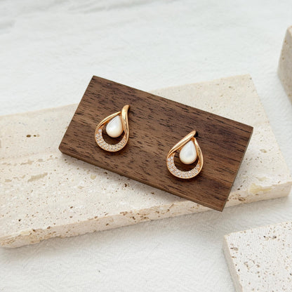 gift ready 18k gold teardrop mother of pearl cz stud earrings elegant packaging
