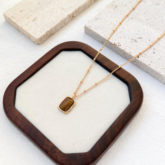 18K Vintage Gold Tiger’s Eye Rectangular Gemstone Necklace,Dainty Brown Stone Necklace,Minimalist Everyday Jewelry,Birthday Gift For Her
