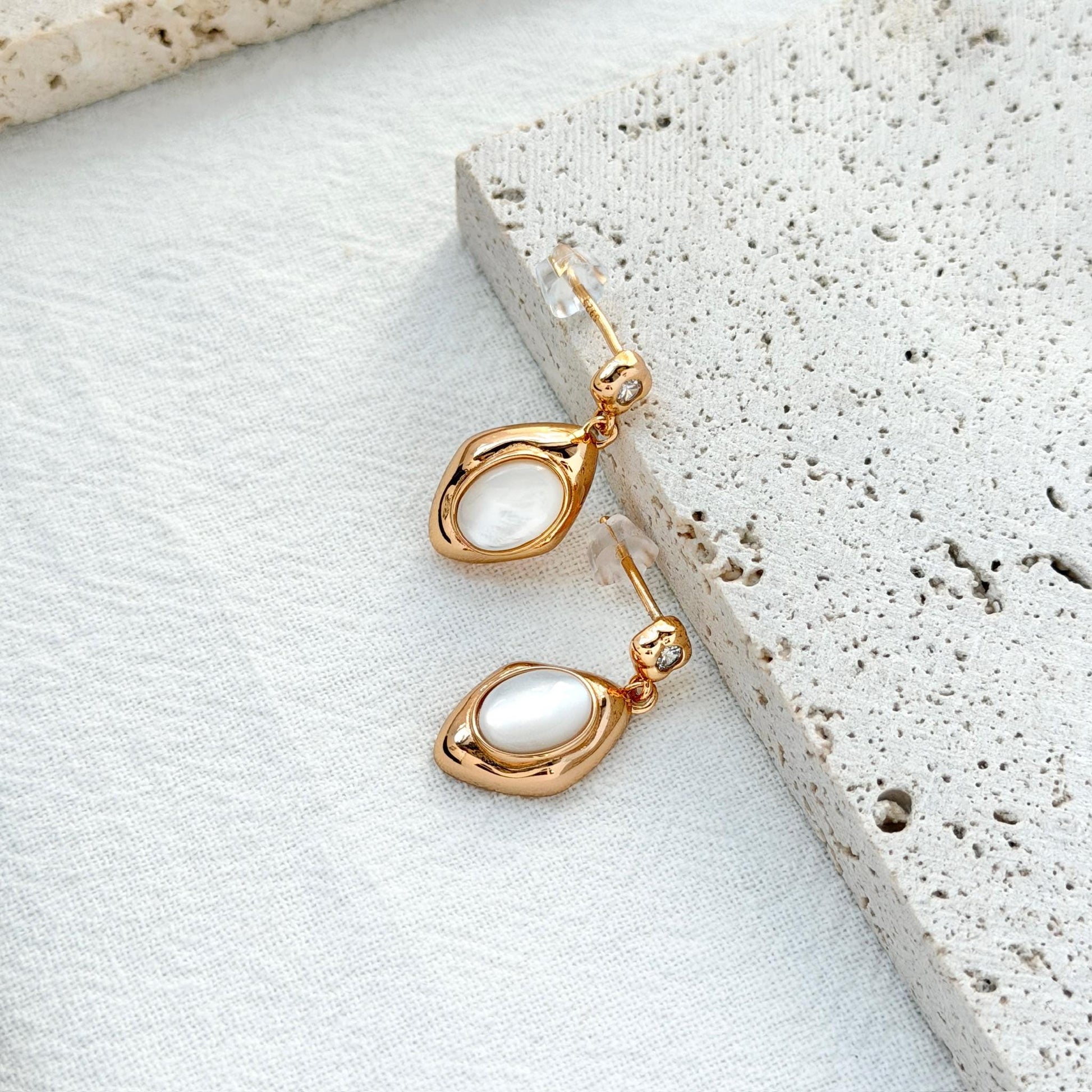 dainty gold drop earrings with mother of pearl oval pendant minimalist everyday jewelry skin safe sterling silver