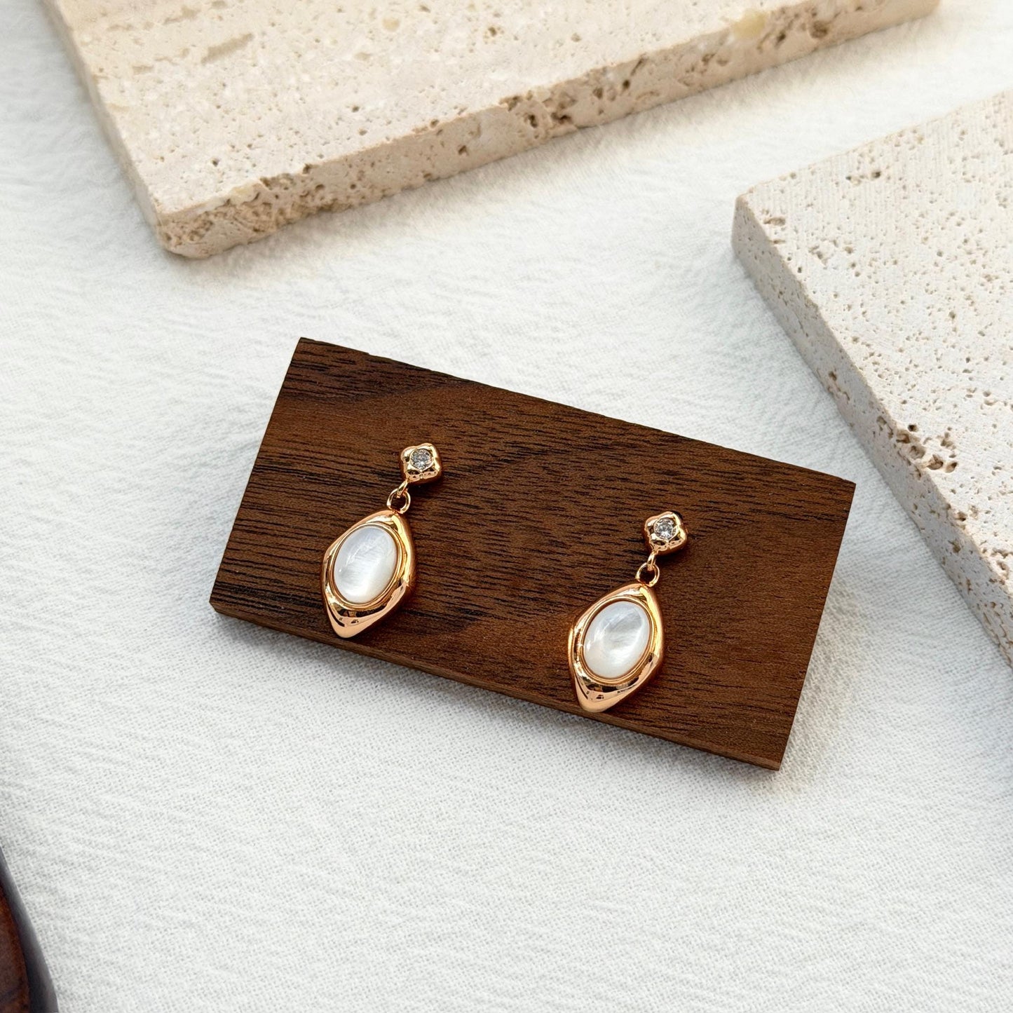 delicate gold drop earrings with soft iridescent shell, timeless and effortless everyday jewelry