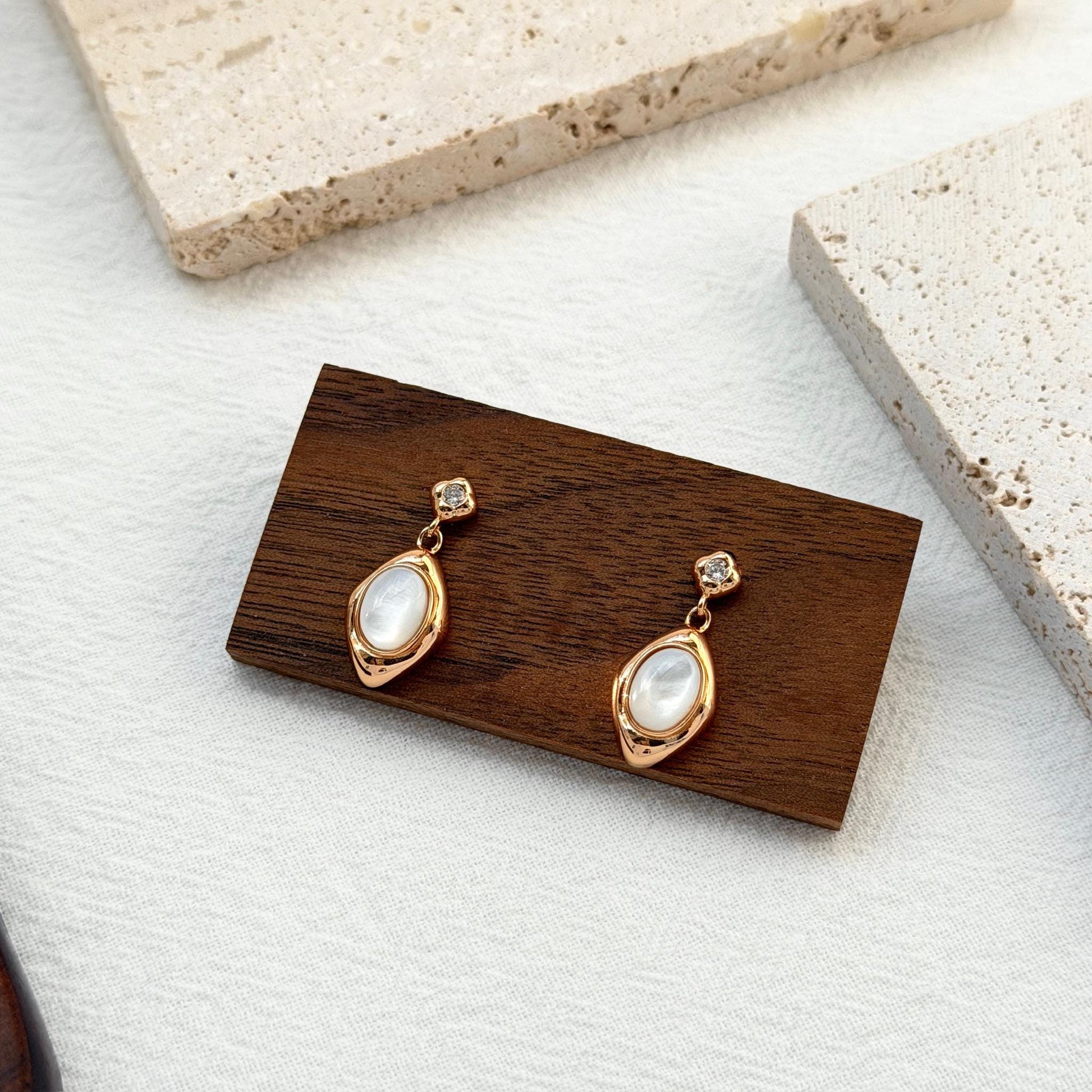 delicate gold drop earrings with soft iridescent shell, timeless and effortless everyday jewelry