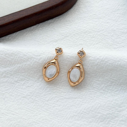 vintage gold oval shell earrings elegant mother of pearl dangle earrings lightweight minimalist jewelry for women