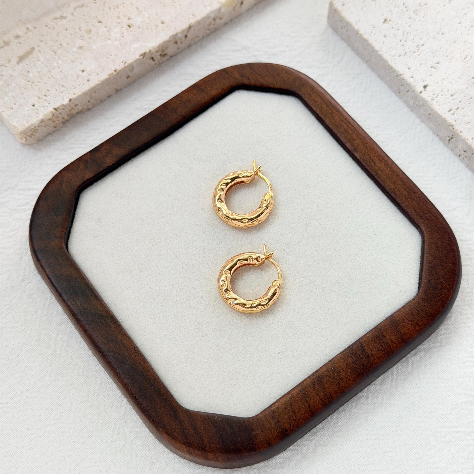 chunky gold hoop earrings hammered finish huggie style elegant everyday earrings