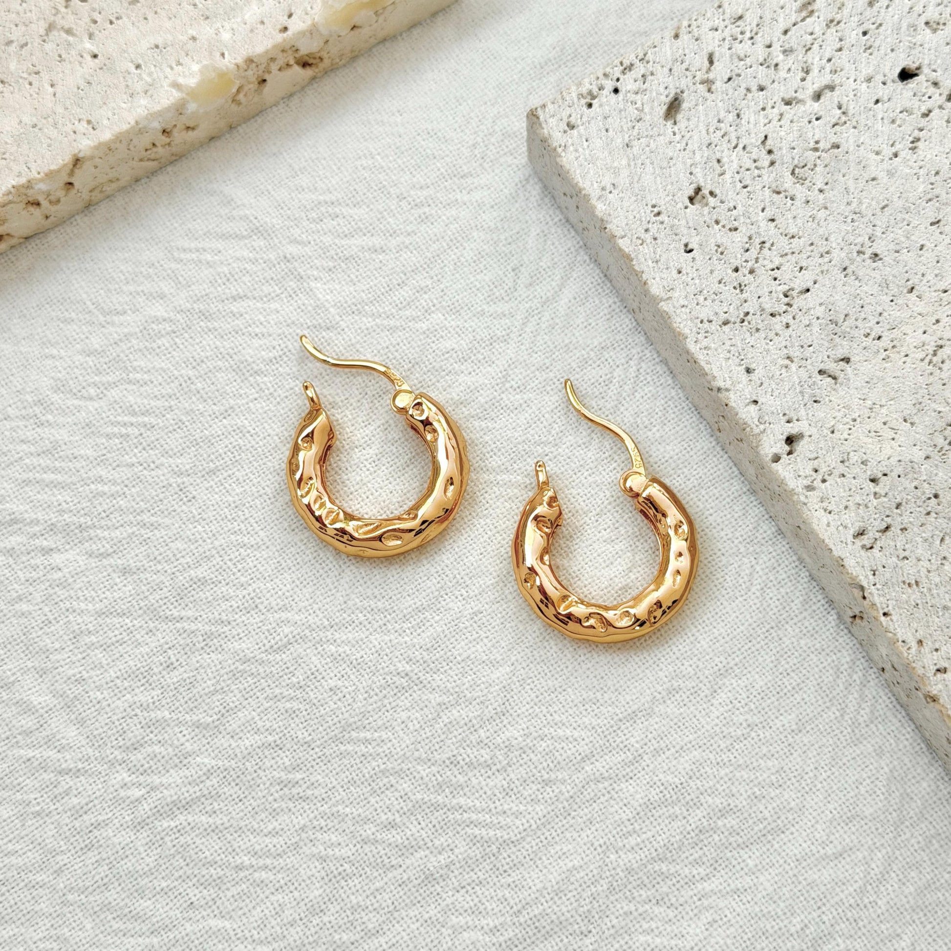 gold huggie hoop earrings organic hammered texture modern statement hoops