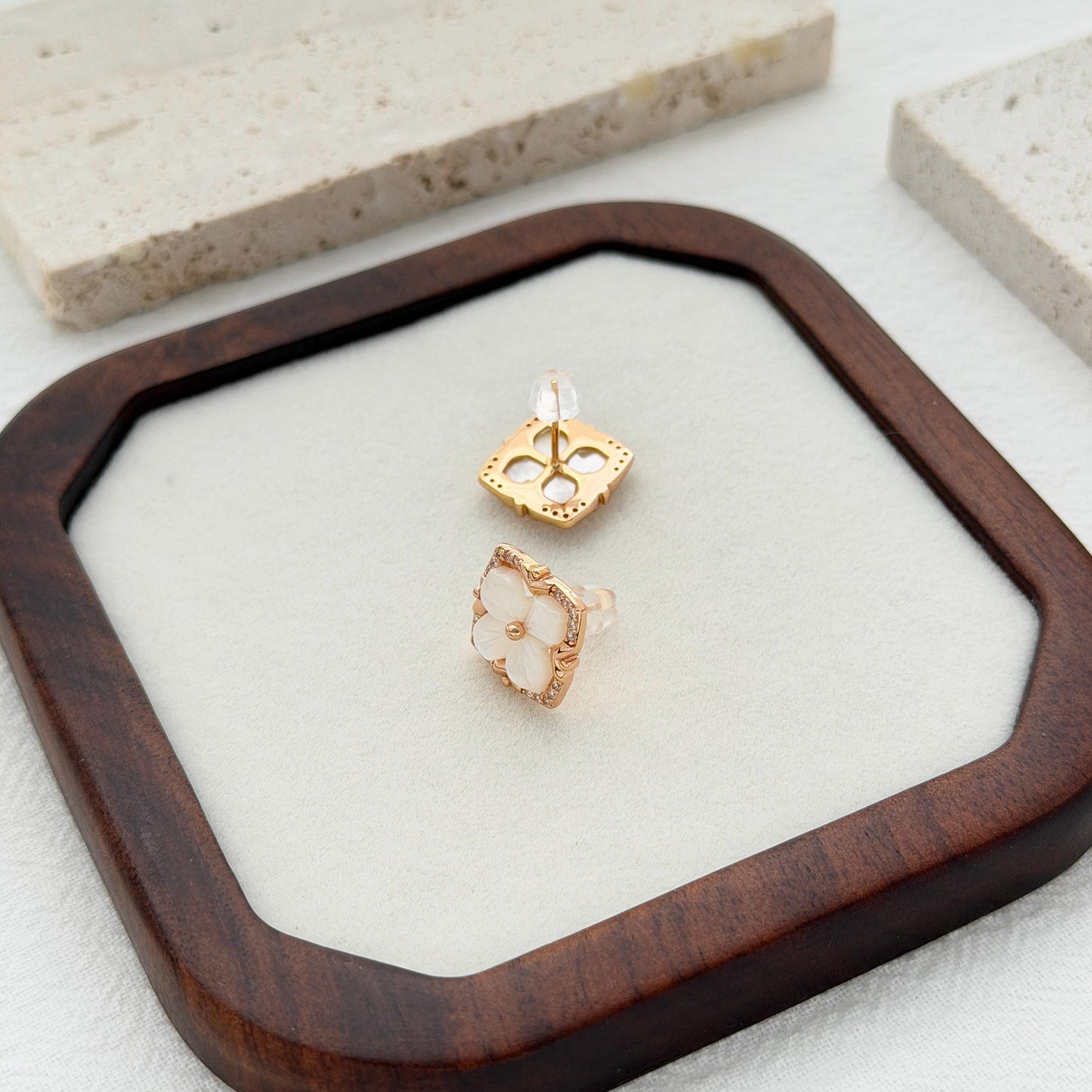 mother of pearl stud earrings gold geometric clover design with cz accents