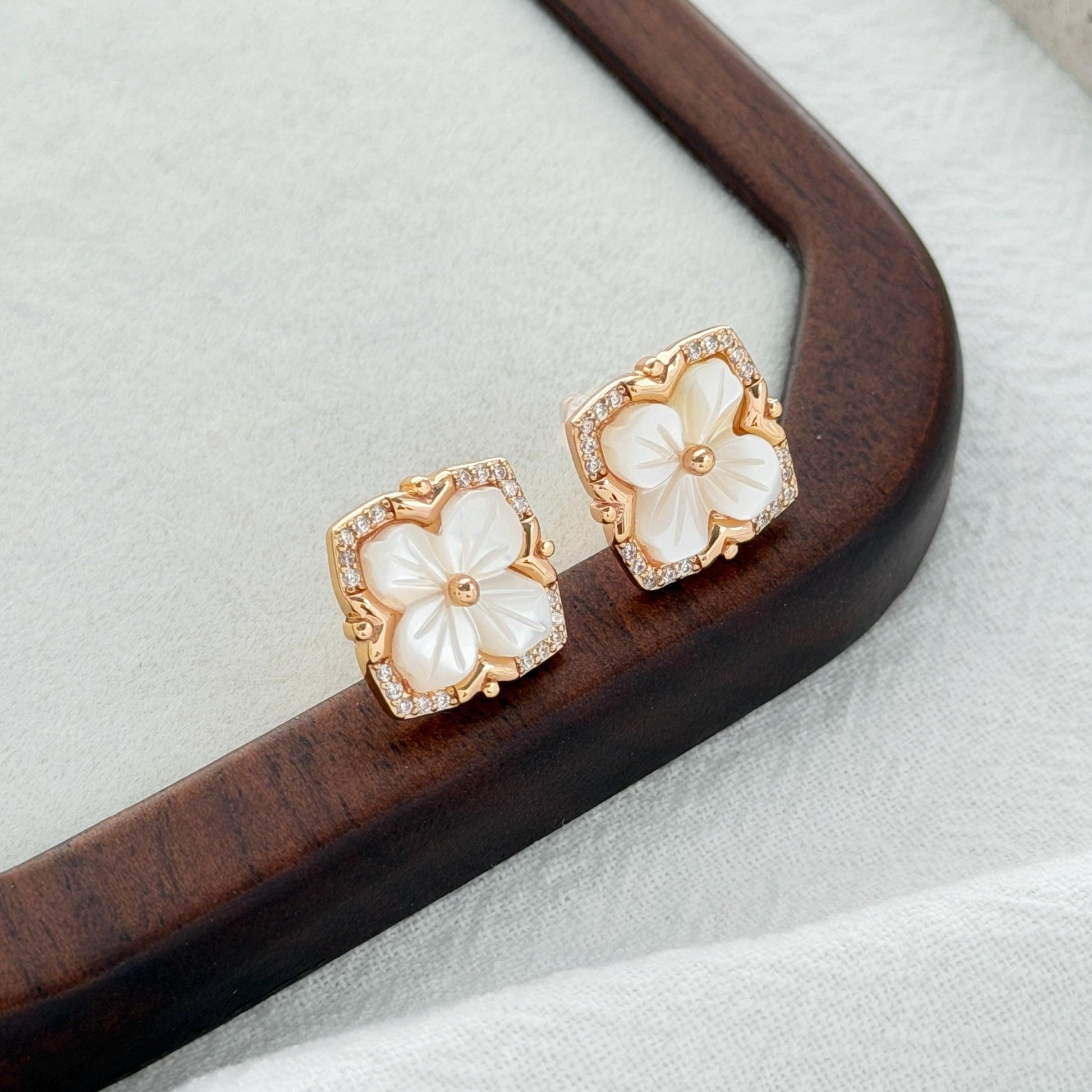 mother of pearl flower earrings gold square clover design with sparkling cz stones